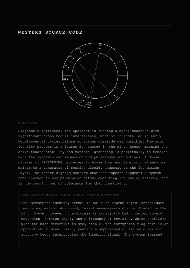 Western Source Code page with chart wheel and readout